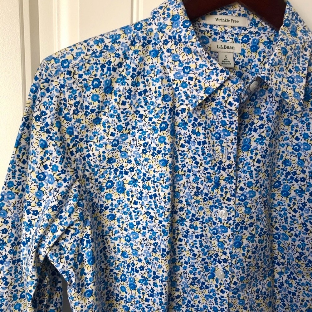 L.L. Bean Blue and Yellow Ditsy Floral Button Down Shirt - Picture 2 of 7